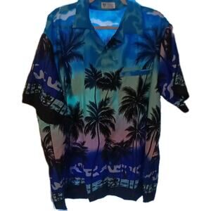 VHO Mens 3XL Blue Terivoile Hawaiian Shirt Tropical Palm Tree Beach Aloha...